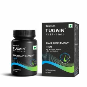 Tugain Hair Supplement for Men, providing 17 vitamins, minerals, and nutrients for hair growth and strength, in a 30-tablet bottle