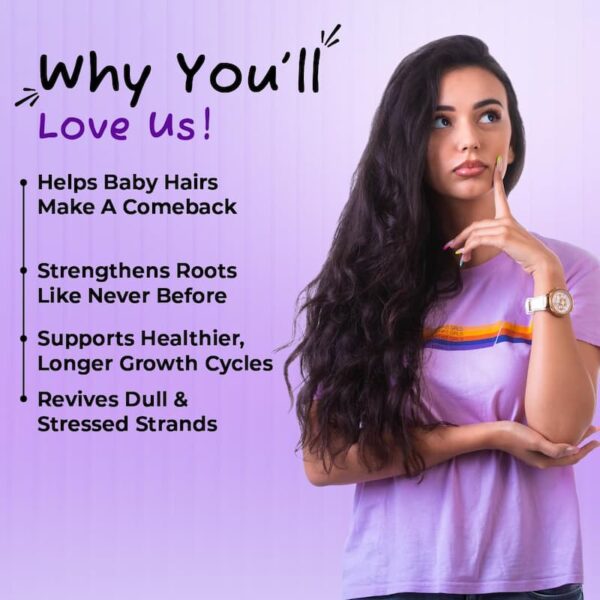 Woman with long, healthy hair explaining why she loves hair care product benefits like baby hair revival and longer growth cycles