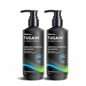 Tugain Essentials Hair Fall Control Shampoo bottles with Biotin, Caffeine, Saw Palmetto, and Argan Oil for effective hair fall control