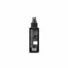 Back view of black hair serum spray bottle with barcode, label details, and spray nozzle