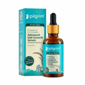 Pilgrim Advanced Hair Growth Serum with Korean Black Rice, featuring 3% Redensyl and 4% Anagain for improved hair growth and density