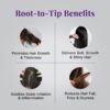 Root-to-tip benefits for hair growth, including promoting thickness, smoothness, and reducing hair fall