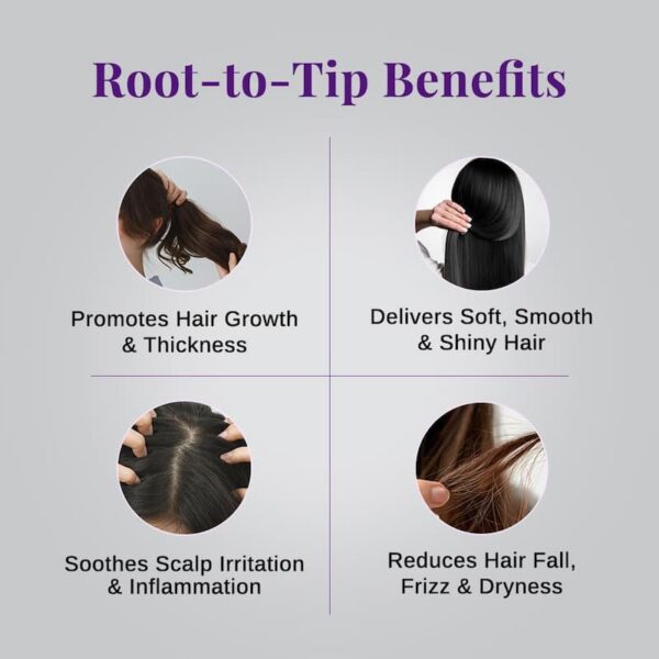 Root-to-tip benefits for hair growth, including promoting thickness, smoothness, and reducing hair fall