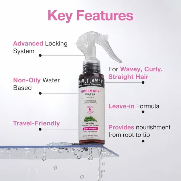 Soulflower Rosemary Water with Mint, key features include non-oily water-based formula, advanced locking system, and travel-friendly