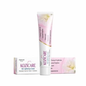 Kozicare Skin Lightening Cream Kozicare skin cream tube with outer carton packaging displayed upright on a white background
