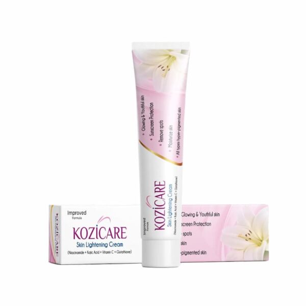 Kozicare Skin Lightening Cream Kozicare skin cream tube with outer carton packaging displayed upright on a white background